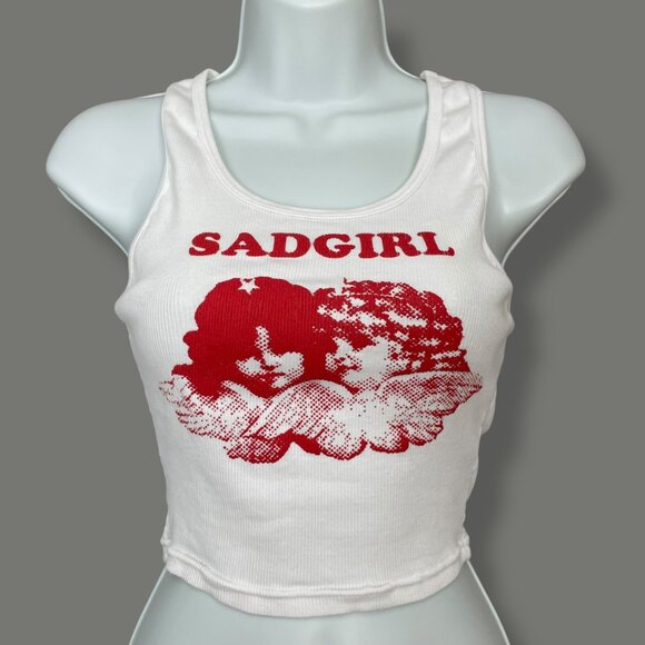 Los Angles Apparel Tank Top Angels Sad Girl SADGIRL Ribbed White Crop Top Large - Picture 1 of 9